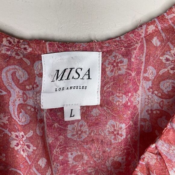 MISA Natasha Dress Womens Large Pink Floral Cut Out Midi Ruffle V-Neck Sheer - Picture 14 of 16